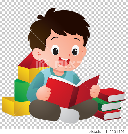 Smart Boy Sitting with Books and Blocks Smart Boy Sitting with Books and Blocks 141131391
