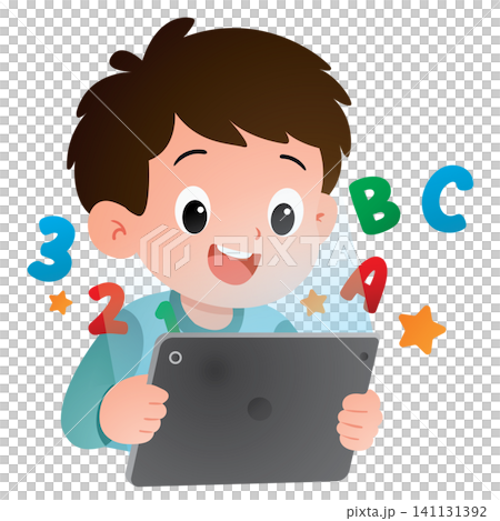 Modern School Boy Learning on Digital Tablet Modern School Boy Learning on Digital Tablet 141131392
