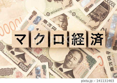 「マクロ経済」と書かれたブロックとたくさんの一万円札 141131463