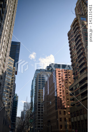 Skyscrapers Converge Toward Blue Sky In Toronto Financial District Canada Skyscrapers Converge Toward Blue Sky In Toronto Financial District Canada 141131481
