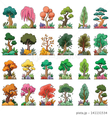 Fifty cartoon trees in various shapes and colors Fifty cartoon trees in various shapes and colors 141131534