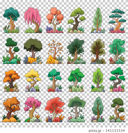 Fifty cartoon trees in various shapes and colors Fifty cartoon trees in various shapes and colors 141131534