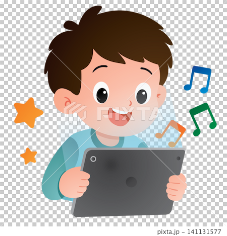 Happy Student Boy Listening to Music on Tablet 141131577