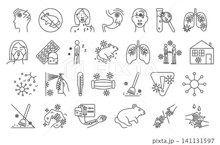Hantavirus black line icon set, big collection, vector signs. Symptoms, routes of transmission, precautions. Outline monochrome isolated symbols. Various linear pictograms Hantavirus black line icon set, big collection, vector signs. Symptoms, routes of transmission, precautions. Outline monochrome isolated symbols. Various linear pictograms 141131597