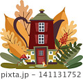 Magical burgundy teapot house in autumn leaves with ginger cat and mushroom vector illustration 141131752