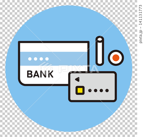 通帳とキャッシュカード、印鑑のアイコン。銀行や防災など身分証のイラスト。 通帳とキャッシュカード、印鑑のアイコン。銀行や防災など身分証のイラスト。 141131773