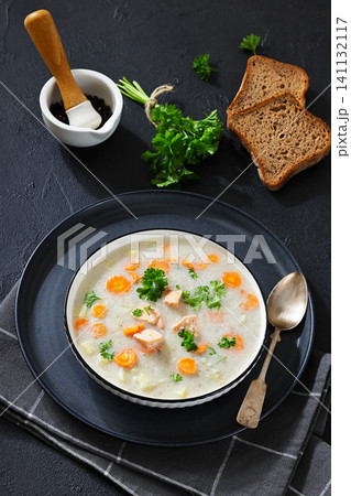Eastern European Village Salmon Soup with Cream 141132117