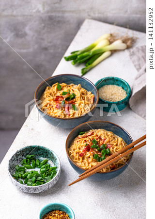 Korean trendy spicy carbonara ramen Korean trendy spicy carbonara ramen 141132952
