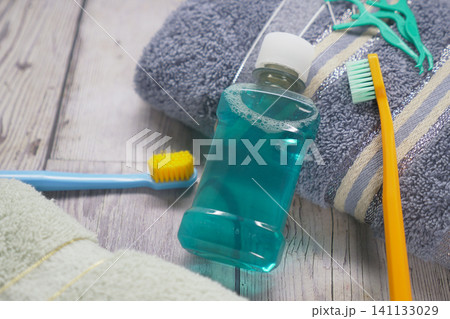 Bright colors of morning hygiene routine in a cozy bathroom 141133029
