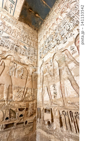 Beautiful bas-reliefs and ancient hieroglyphs from the mortuary temple of Ramesses III at Medinet Habu, Luxor, Egypt. Beautiful bas-reliefs and ancient hieroglyphs from the mortuary temple of Ramesses III at Medinet Habu, Luxor, Egypt. 141133542