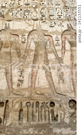 Beautiful bas-reliefs and ancient hieroglyphs from the mortuary temple of Ramesses III at Medinet Habu, Luxor, Egypt. 141133551