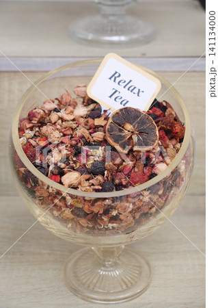 Relax tea mix in a clear glass bowl on display Relax tea mix in a clear glass bowl on display 141134000