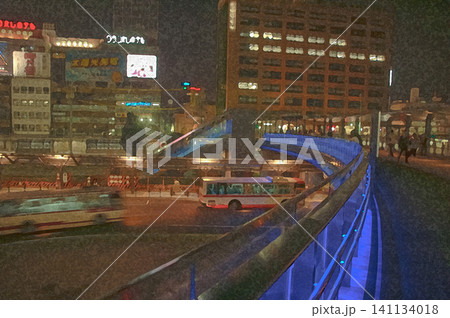 近未来的なペデストリアンデッキの灯りがきらめく旧JR岐阜駅前 近未来的なペデストリアンデッキの灯りがきらめく旧JR岐阜駅前 141134018