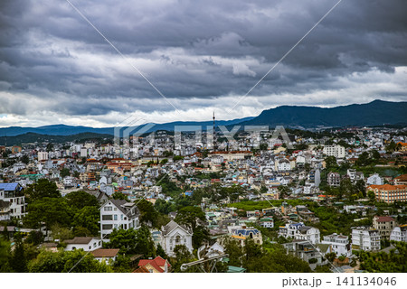 A city with many buildings and a tall tower 141134046