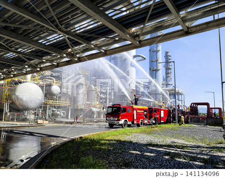 A fire truck is spraying water on a building 141134096