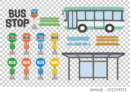 一組公車站和公車的插圖（公車站、長椅、候車區、大眾運輸圖示） 141134552
