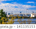 お台場海浜公園の展望デッキから眺めるレインボーブリッジ 141135153