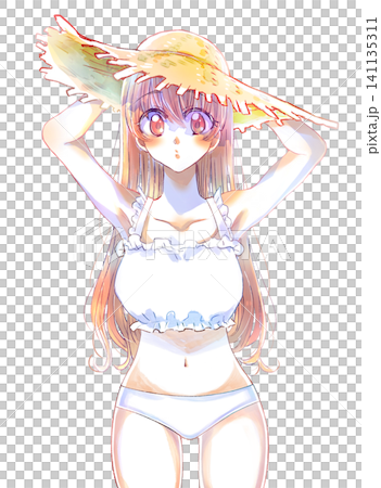 A long-haired girl wearing a straw hat, holding something down, brown hair, swimsuit. 141135311