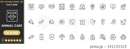 Animal care icon set with pet health, veterinary, grooming and rescue symbols modern outline vector collection 141135325