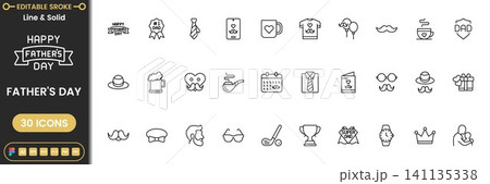 Fathers day icon set with dad gifts, tie, mustache, love and celebration symbols modern outline vector collection for greeting design 141135338