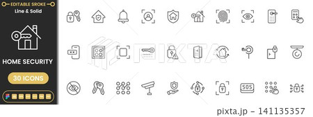 Home security icon set with surveillance, smart lock, alarm and protection symbols modern outline vector collection 141135357