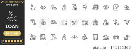 Loan icon set with banking, mortgage, finance, credit and money lending symbols modern outline vector collection 141135360
