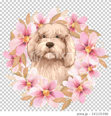 Cute dog portrait in pink watercolor flower wreath with golden leaves. Hand drawn aesthetic illustration Cute dog portrait in pink watercolor flower wreath with golden leaves. Hand drawn aesthetic illustration 141135390