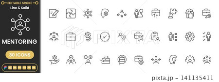 Mentoring icon set with coaching leadership training career development and business guidance symbols modern outline vector Mentoring icon set with coaching leadership training career development and business guidance symbols modern outline vector 141135411