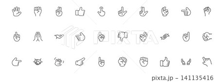 Hand gestures icon set with pointing thumbs up swipe and touch symbols modern outline vector collection for UI UX design Hand gestures icon set with pointing thumbs up swipe and touch symbols modern outline vector collection for UI UX design 141135416