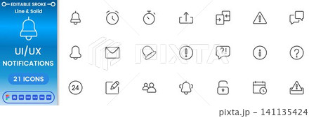 Notification UI UX icon set with alerts, messages, reminders and app interface symbols modern outline vector collection Notification UI UX icon set with alerts, messages, reminders and app interface symbols modern outline vector collection 141135424