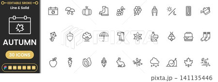 Fall Season Icon Set  Autumn Leaves, Harvest and Nature Symbols 141135446