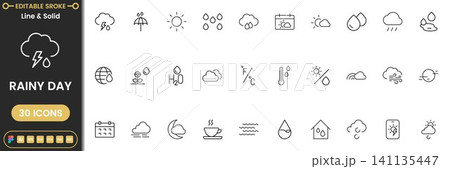 Rainy Season Icon Set Rain, Weather, Umbrella and Monsoon Symbols Rainy Season Icon Set Rain, Weather, Umbrella and Monsoon Symbols 141135447
