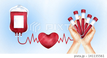 Blood donation watercolor banner with copy space. Blood bag transfusion, red heart, rhythm line, test tube in hands. Hand painted isolated illustration on blue background for cards, email newsletters Blood donation watercolor banner with copy space. Blood bag transfusion, red heart, rhythm line, test tube in hands. Hand painted isolated illustration on blue background for cards, email newsletters 141135561
