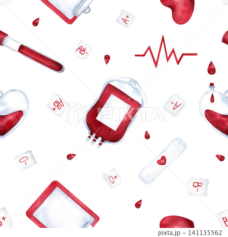 Watercolor seamless pattern with blood donation elements. Donor heart, blood droplets, medical symbols isolated on white background. Hand drawn illustration for healthcare design, donation campaigns Watercolor seamless pattern with blood donation elements. Donor heart, blood droplets, medical symbols isolated on white background. Hand drawn illustration for healthcare design, donation campaigns 141135562