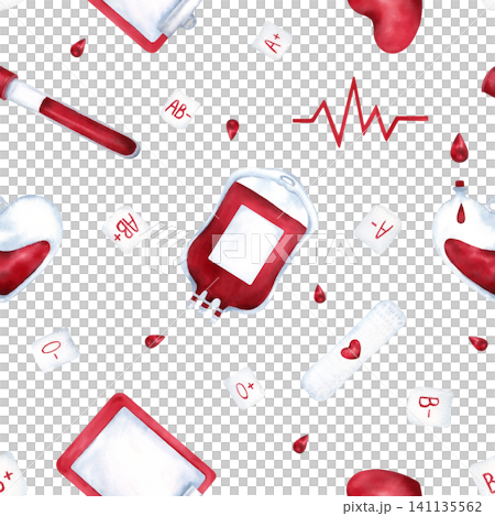 Watercolor seamless pattern with blood donation elements. Donor heart, blood droplets, medical symbols isolated on white background. Hand drawn illustration for healthcare design, donation campaigns 141135562