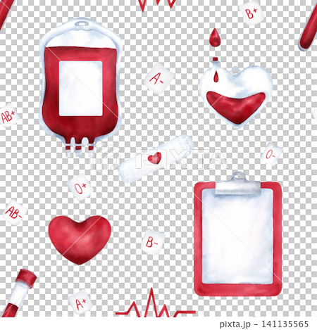 Watercolor seamless pattern with blood donation elements. Donor heart, blood type and Rh factor, medical symbols isolated on white background. Hand painted illustration for donation campaigns, design Watercolor seamless pattern with blood donation elements. Donor heart, blood type and Rh factor, medical symbols isolated on white background. Hand painted illustration for donation campaigns, design 141135565