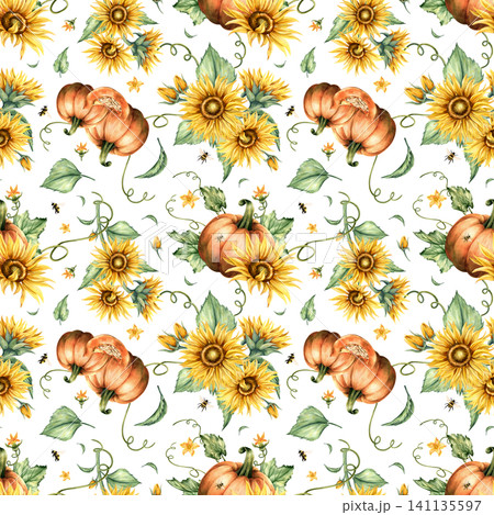 Watercolor sunflower pumpkin botanical seamless pattern. Yellow flowers, autumn vegetable, bumblebees, leaves repeat composition. Hand painted illustration isolated from background. Floral ornate Watercolor sunflower pumpkin botanical seamless pattern. Yellow flowers, autumn vegetable, bumblebees, leaves repeat composition. Hand painted illustration isolated from background. Floral ornate 141135597