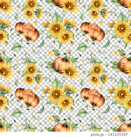 Watercolor sunflower pumpkin botanical seamless pattern. Yellow flowers, autumn vegetable, bumblebees, leaves repeat composition. Hand painted illustration isolated from background. Floral ornate Watercolor sunflower pumpkin botanical seamless pattern. Yellow flowers, autumn vegetable, bumblebees, leaves repeat composition. Hand painted illustration isolated from background. Floral ornate 141135597