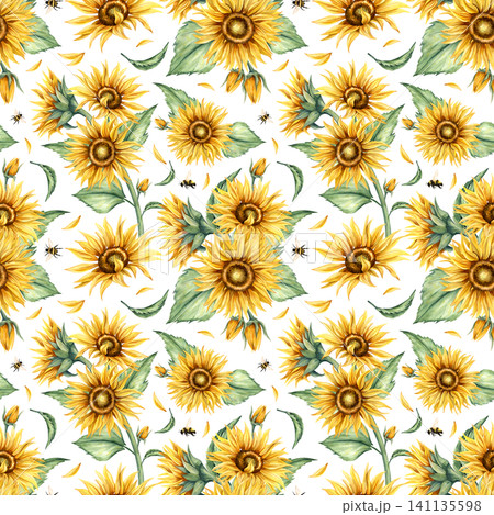 Watercolor sunflower floral seamless pattern. Yellow flowers with bumblebees repeat composition. Hand painted botanical illustration isolated from background. Ornate for textile, packaging design Watercolor sunflower floral seamless pattern. Yellow flowers with bumblebees repeat composition. Hand painted botanical illustration isolated from background. Ornate for textile, packaging design 141135598