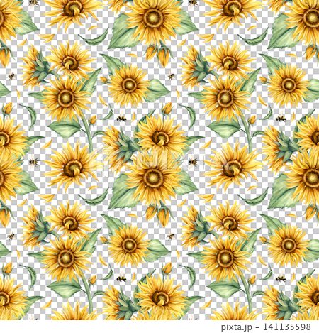 Watercolor sunflower floral seamless pattern. Yellow flowers with bumblebees repeat composition. Hand painted botanical illustration isolated from background. Ornate for textile, packaging design Watercolor sunflower floral seamless pattern. Yellow flowers with bumblebees repeat composition. Hand painted botanical illustration isolated from background. Ornate for textile, packaging design 141135598