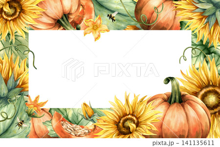 Watercolor autumn pumpkin, sunflowers frame. Yellow flowers, tendrils and elegant leaves rectangular template with copy space. Hand drawn botanical illustration isolated on white background for card Watercolor autumn pumpkin, sunflowers frame. Yellow flowers, tendrils and elegant leaves rectangular template with copy space. Hand drawn botanical illustration isolated on white background for card 141135611
