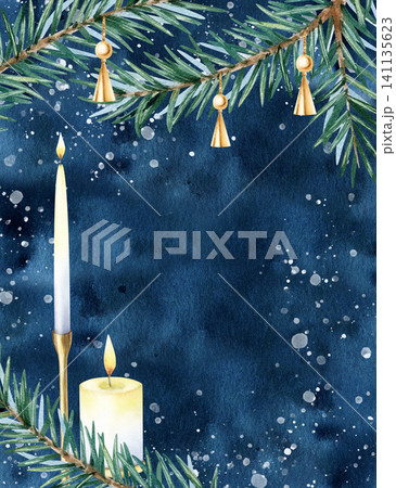 Watercolor Christmas template, New Year card with dark blue abstract background, snowflake, spruce branch with gold decorations and burning candles. Isolated illustration on banner, vertical frame Watercolor Christmas template, New Year card with dark blue abstract background, snowflake, spruce branch with gold decorations and burning candles. Isolated illustration on banner, vertical frame 141135623