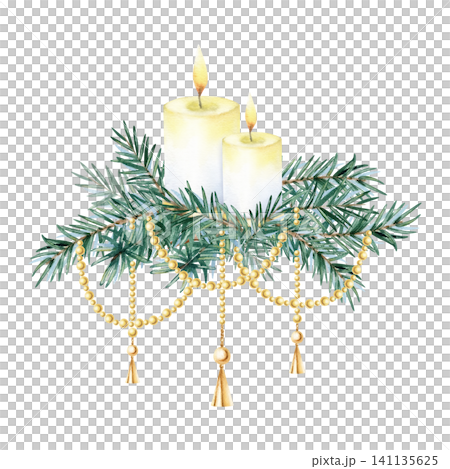 Watercolor spruce fir branch arrangement with hanging golden beads and burning candles. Festive composition illustration isolated from background for Christmas greeting card, New Year graceful design Watercolor spruce fir branch arrangement with hanging golden beads and burning candles. Festive composition illustration isolated from background for Christmas greeting card, New Year graceful design 141135625