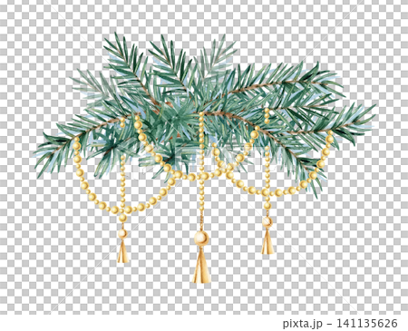 Watercolor spruce fir branch composition with hanging golden beads. Festive arrangement illustration isolated from background for Christmas greeting card, New Year decoration, printing design Watercolor spruce fir branch composition with hanging golden beads. Festive arrangement illustration isolated from background for Christmas greeting card, New Year decoration, printing design 141135626