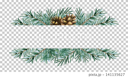 Watercolor spruce branches, pine cones rectangular horizontal frame with copy space. Hand painted fir twigs template, banner. Illustration isolated from background. Festive card in rustic style Watercolor spruce branches, pine cones rectangular horizontal frame with copy space. Hand painted fir twigs template, banner. Illustration isolated from background. Festive card in rustic style 141135627