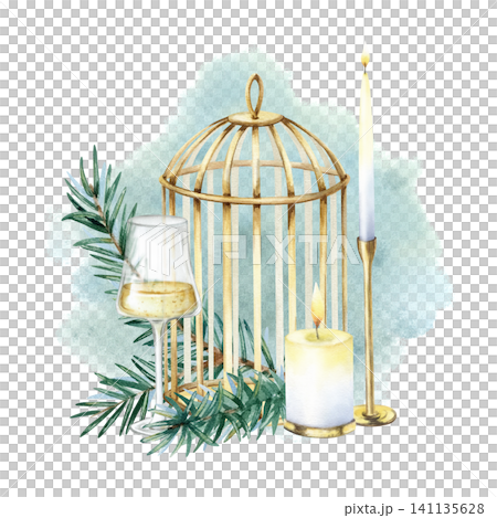Watercolor golden birdcage, spruce fir branches, burning candles and glass of sparkling wine. Festive composition, hand painted illustration isolated from background with watercolor mint stain 141135628