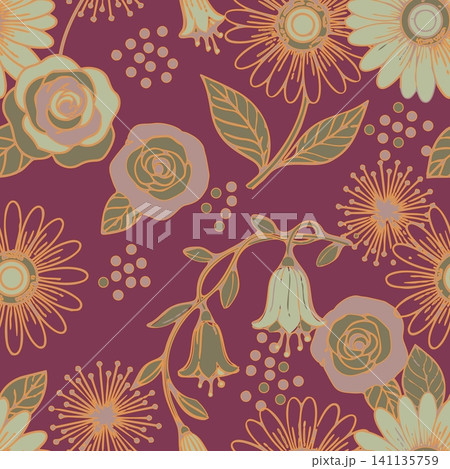 Elegant retro botanical seamless pattern featuring hand drawn roses, bellflowers, and daisies. Ideal for textiles, wallpaper, and wrapping. Elegant retro botanical seamless pattern featuring hand drawn roses, bellflowers, and daisies. Ideal for textiles, wallpaper, and wrapping. 141135759