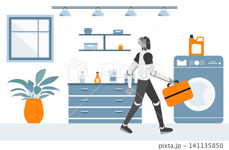 Robot carrying laundry basket in modern automated laundry room with plants and shelves 141135850
