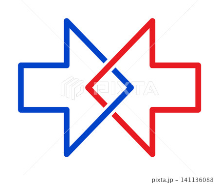 Intertwined arrows in blue and red. A blue arrow pointing to the right, a red one to the left, both merging, as symbol of common ground shared by two opposition parties. Isolated illustration. Vector Intertwined arrows in blue and red. A blue arrow pointing to the right, a red one to the left, both merging, as symbol of common ground shared by two opposition parties. Isolated illustration. Vector 141136088
