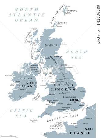British Isles, gray political map. Archipelago in North Atlantic Ocean off the coast of continental Europe, consisting of Great Britain, Ireland, the Isle of Man, Hebrides, Orkney and Shetland. Vector British Isles, gray political map. Archipelago in North Atlantic Ocean off the coast of continental Europe, consisting of Great Britain, Ireland, the Isle of Man, Hebrides, Orkney and Shetland. Vector 141136089
